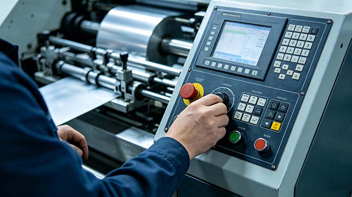 Operator adjusting foil registration on a dual-station die-cutting equipment; close-up of control panel